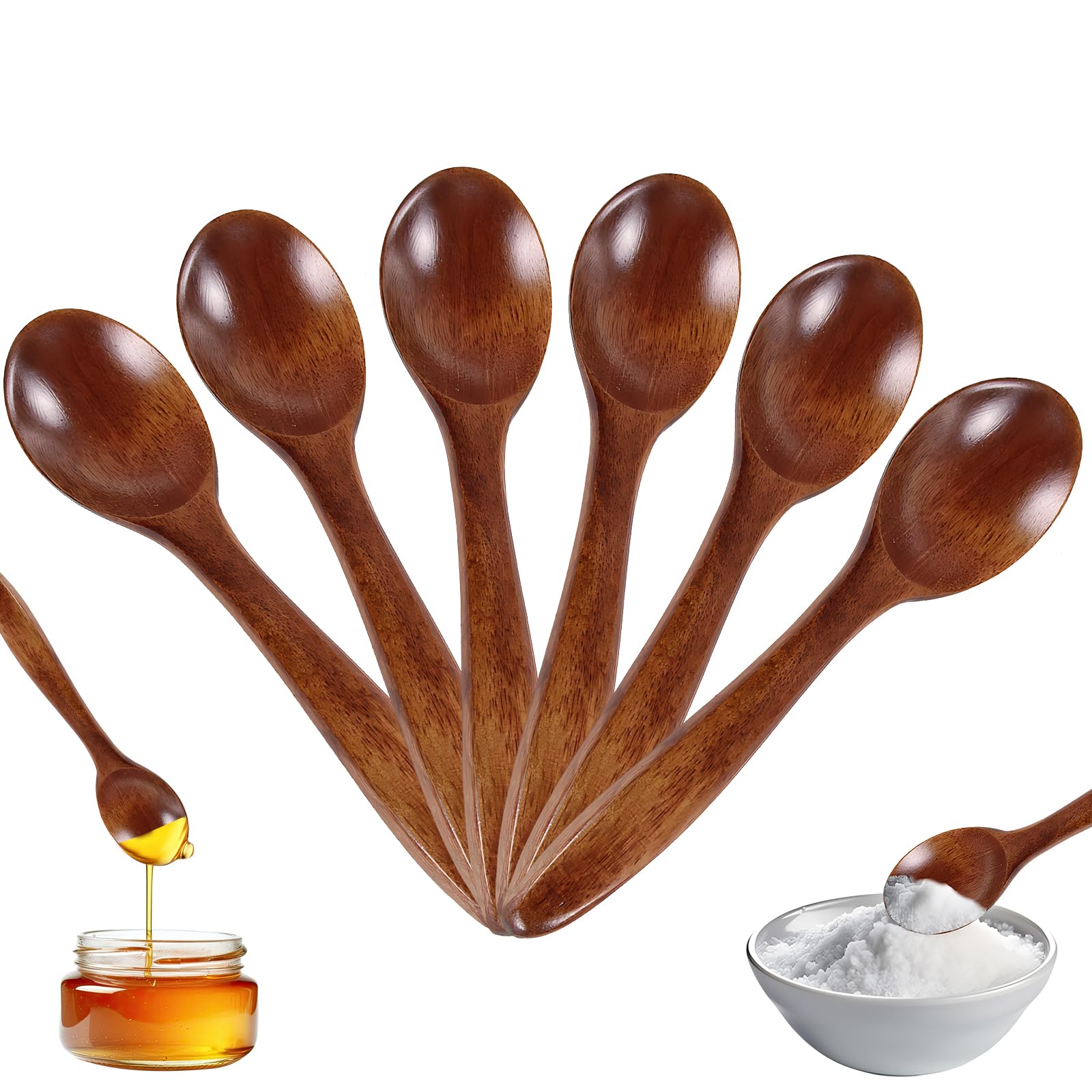 6 Pcs Natural Wooden Spoon, Honey Coffee Spoon, Janpanese Style Kitchen Utensil Long Handle Nanmu Wood Soup Spoons Set for Eating Mixing Stirring Cooking with Box 【5.5inch, Brown】