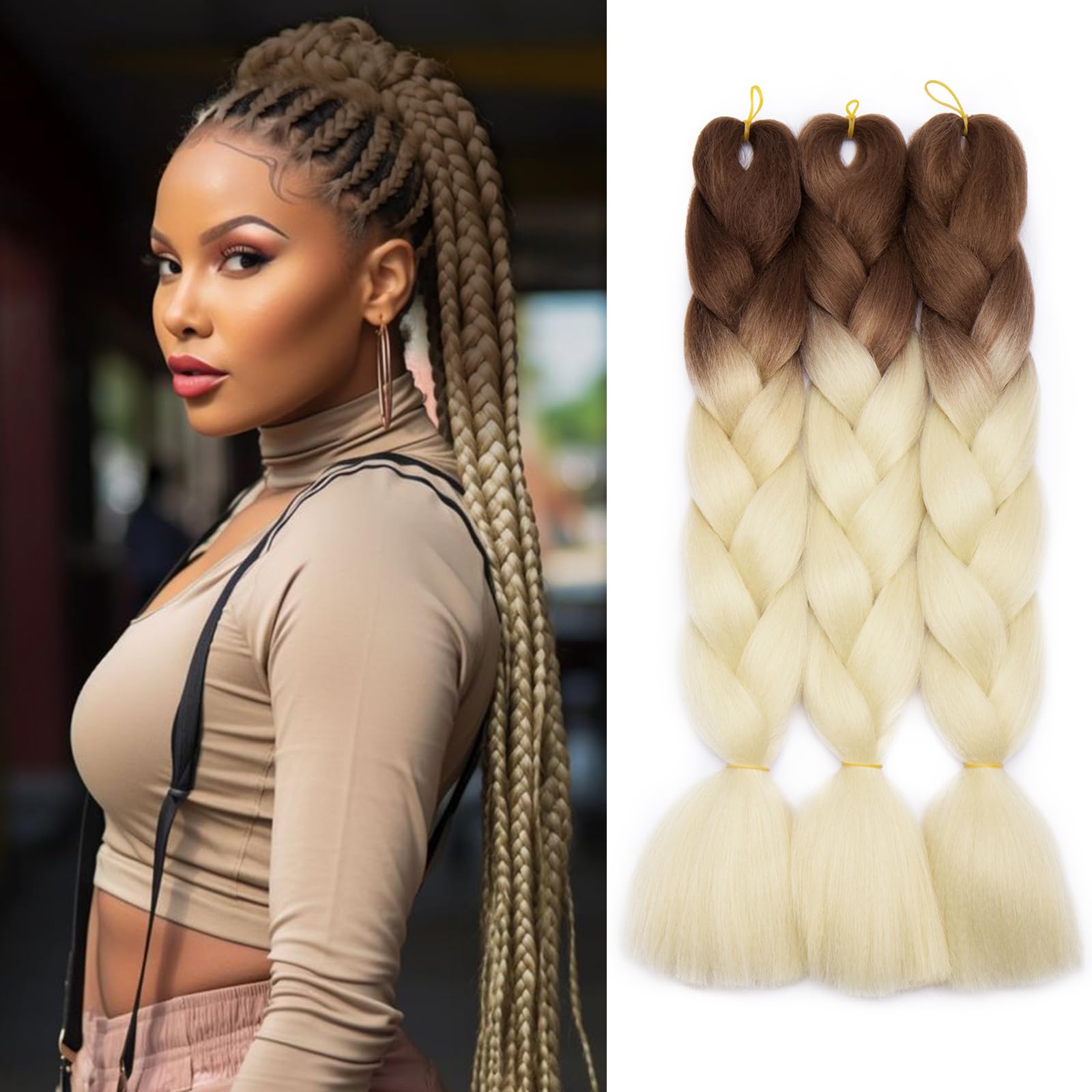 Silk-co 3 Pieces Braiding Hair Ombre Afro Twist Braid Hair Extensions Crochet Box Synthetic Jumbo Braids 24" [300g, Brown-Beige] — image 1