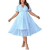 EYWOL Plus Size Wedding Guest Dress: Cocktail Dresses for Women - Brunch Dress with Sleeves - A Line Elegant Party Prom Blue