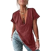 Tankaneo Womens Deep V Neck Short Sleeve T Shirts Summer Oversized Tshirts Casual Loose Fit Tunic Tops