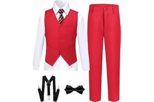 SISAVE Boy's Formal Suit 7 Piece Slim Fit Tuxedo for Kids Teen Boys Jacket Vest and Pants Set for Wedding with Bow Tie Suspenders