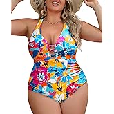 Yonique Women Plus Size One Piece Swimsuit Tummy Control Bathing Suits Lace up Plunge Swimwear