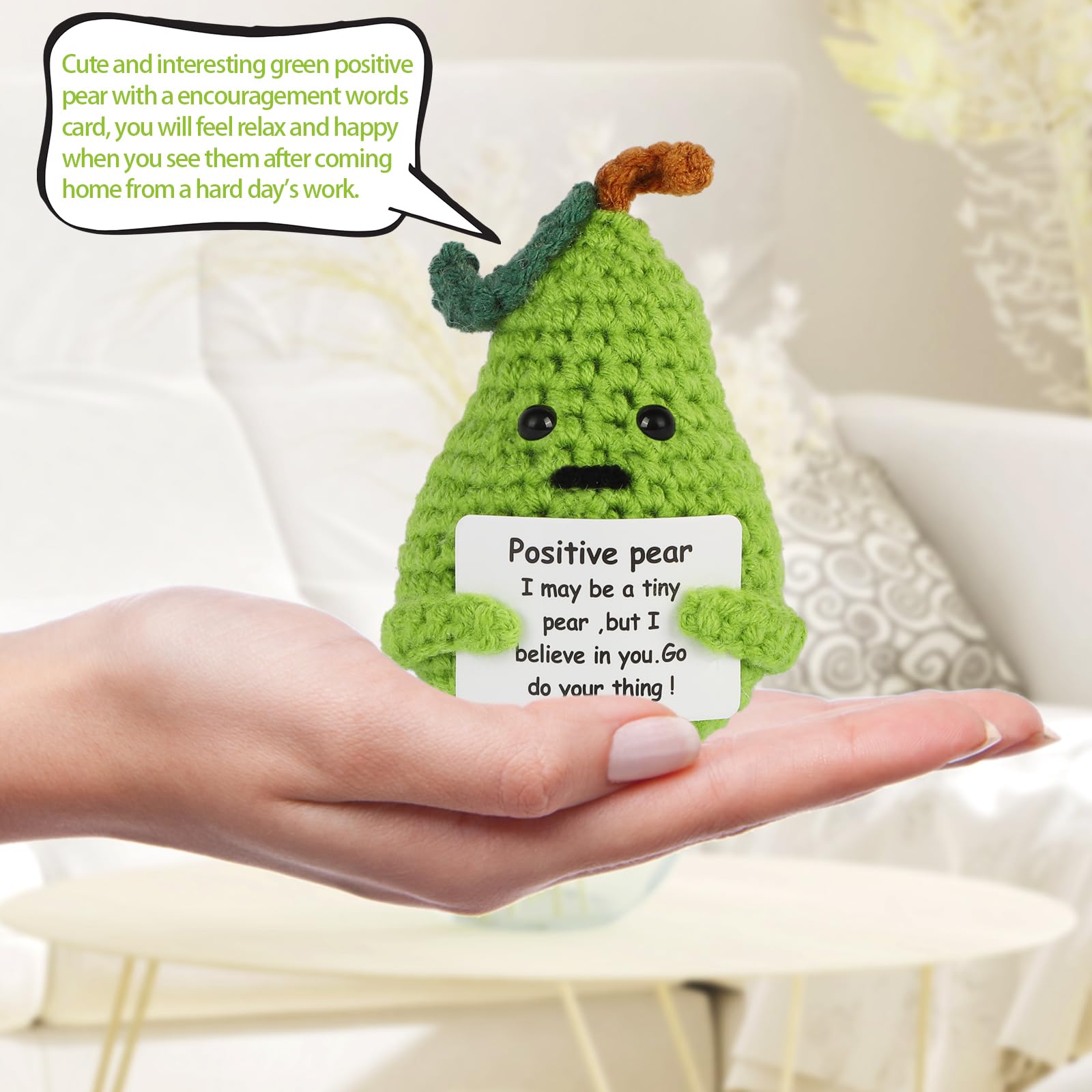 Hoedia Handmade Emotional Pickle Gift, Emotional Cucumber Crochet Doll Inspirational Gifts with Cards, Cute Knitted Funny Support Pickle Potato Friend Birthday (Positive Pear)