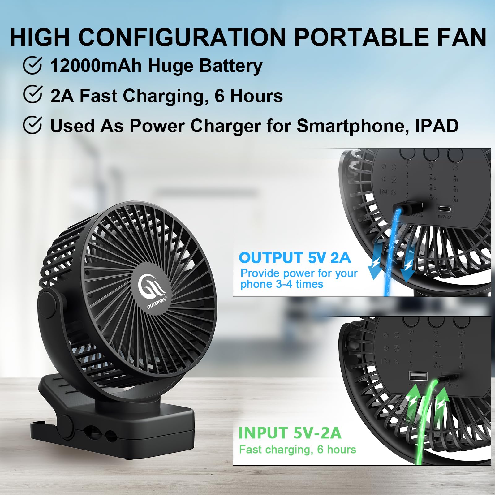OUTERFAN Portable Fan with Remote Control & Timer & LED Lights, 60hrs 12000mAh USB Rechargeable Battery，Clamp/Hanging/Stand Up, Small Clip on Fan for Baby Stroller, Bed, Desk, Camping Tent, Travel