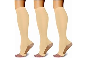 3 Pairs Open Toe Compression Socks for Women & Men, Knee High Toeless Stocking 15-25 mmHg Best Support for All Day Wear