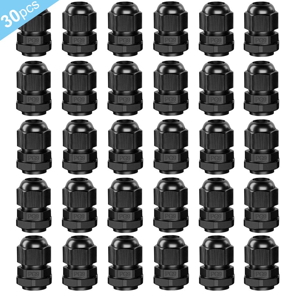 QitinDasen 30Pcs Premium Nylon PA66 PG9 Cable Glands, 4-8mm Adjustable IP68 Waterproof, Black