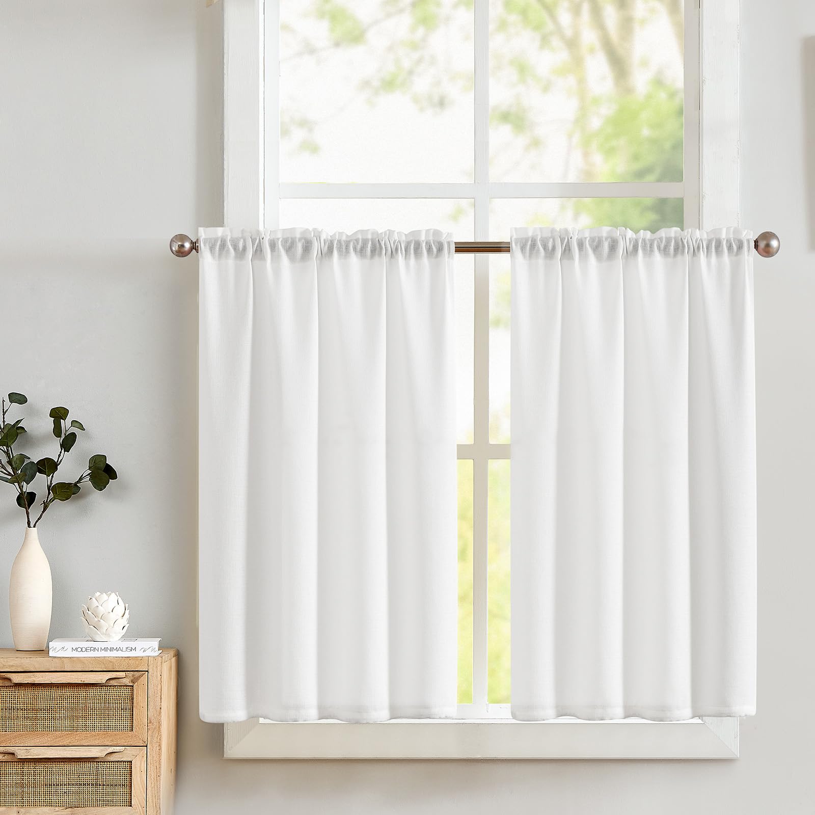 TOPICK White Kitchen Curtains 36 Inch Drop Small Cafe Curtains Light Filtering Short Curtain Tiers for Bahtroom Sink Laundry Cupboard Rod Pocket 2 Panels