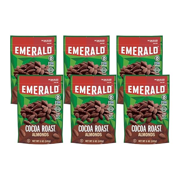 EMERALD NUTS COCOA ROAST ALMONDS, 5 OZ RESEALABLE BAG, KOSHER CERTIFIED, NON-GMO, CONTAINS NO ARTIFICIAL PRESERVATIVES, FLAVORS OR SYNTHETIC COLORS (PACK OF 6)