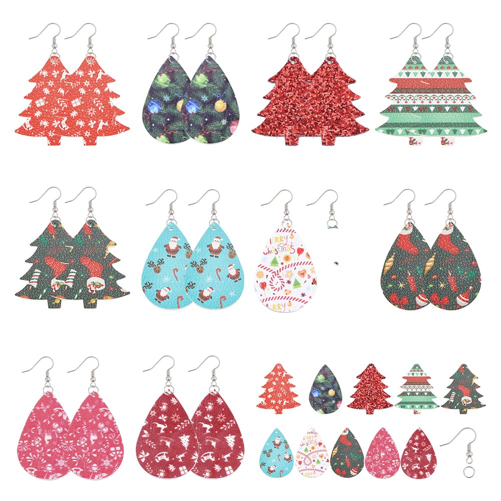 SUNNYCLUE 1 Box DIY 10 Pairs Christmas Faux Leather Earrings Xmas Leather Pendants Christmas Tree Faux Leather Teardrop Dangle Earrings & Earring Hooks for DIY Jewerly Making Xmas Earrings