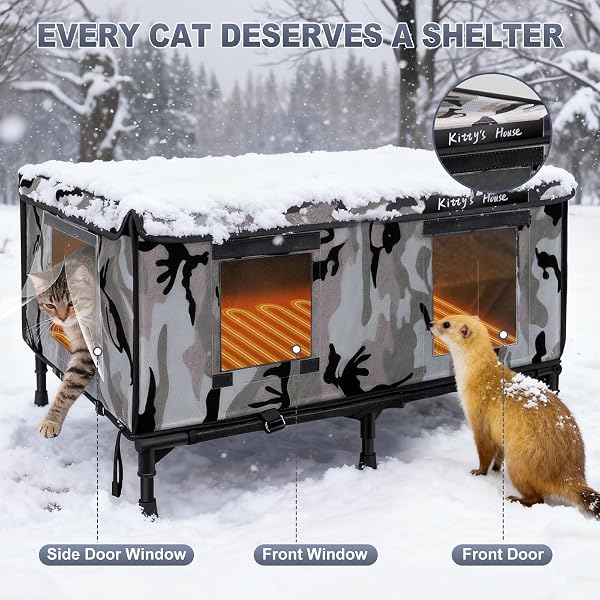 HEATED CAT HOUSE FOR OUTSIDE IN WINTER, WEATHERPROOF INSULATED OUTDOOR CAT HOUSE WITH 2 DOOR & ELEVATED BASE & RAIN COAT, FERAL CAT SHELTER FOR STRAY CAT (24″X18″X18″)