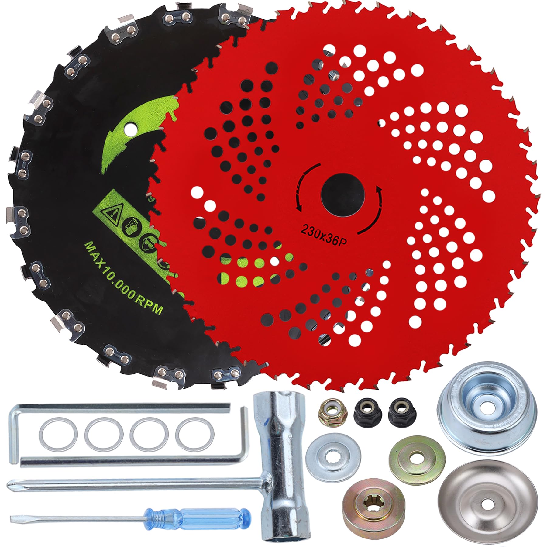 Photo 1 of PLAXNS 9" x 36 Teeth Carbide Tipped Blades & 9" x 20T Chainsaw Tooth Cutter,Round Chainsaw Tooth Brush Blades with Universal Adapter Kit, fit for Brush Cutter, Trimmer, Weed Eater