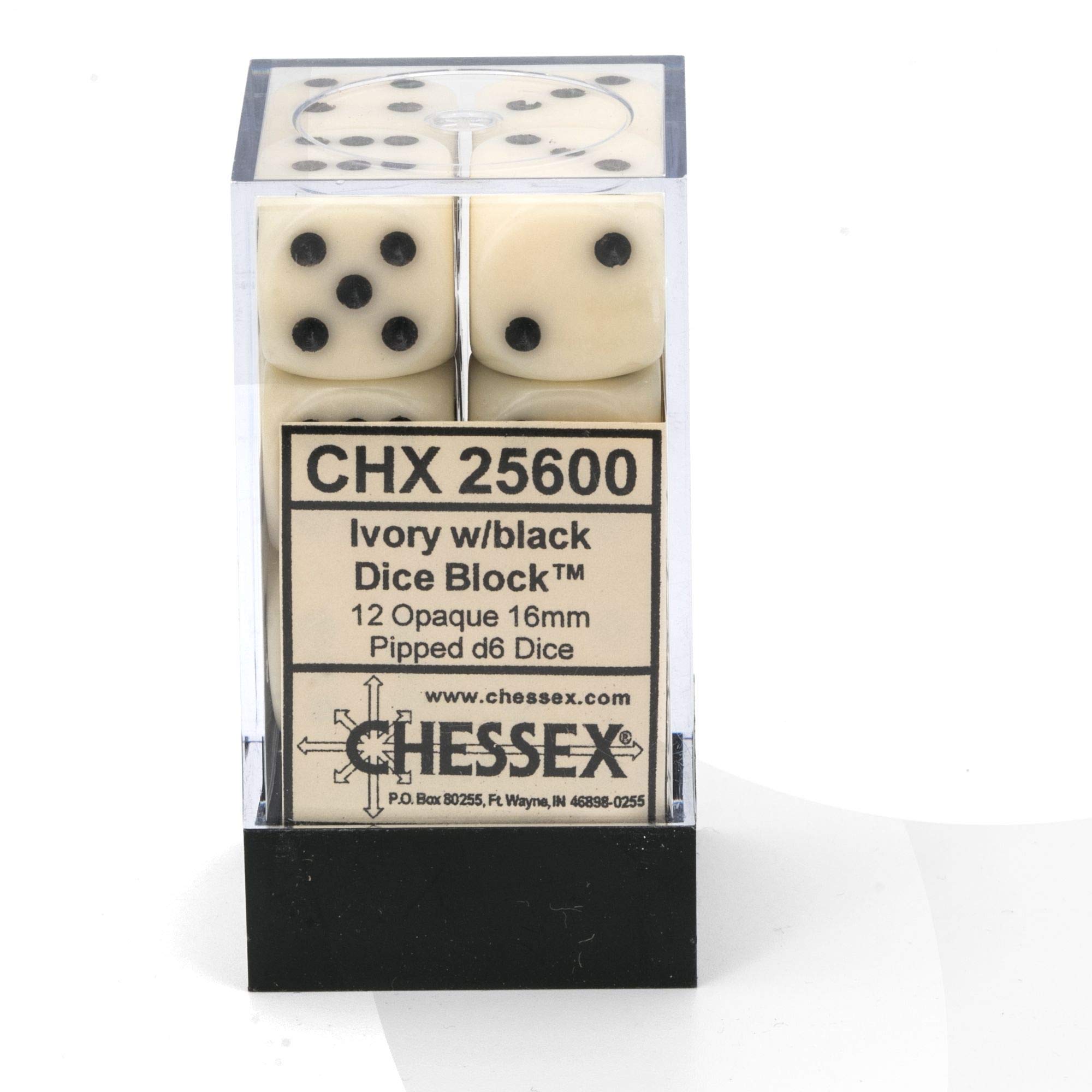 Chessex 25600 Opaque 16mm d6 Dice Block, Ivory and Black