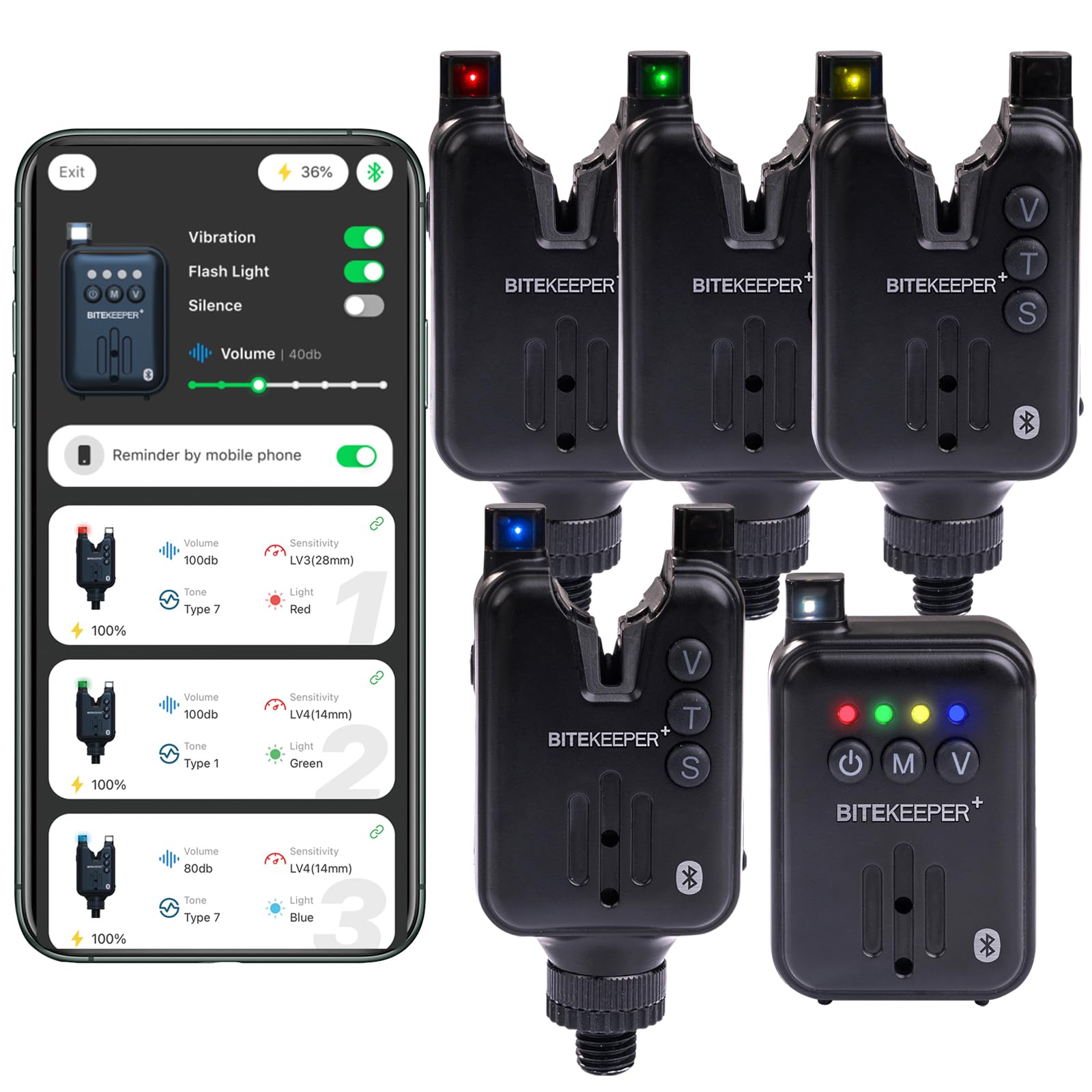RIPPTON BITEKEEPER PRO Rechargeable Smart Bite Alarm with Receiver 4+1 Set, Bluetooth APP Connect Wireless Fishing LED Sensitive Alarm, Fishing Bite Indicators for Daytime/Night Carp Fishing