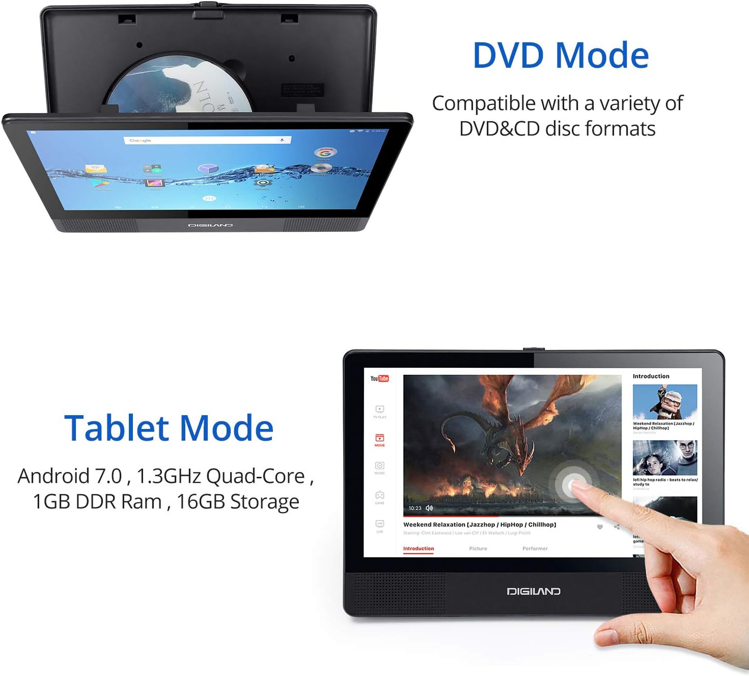 DigiLand Portable DVD Player/Android WiFi Tablet Combo 10" Touchscreen