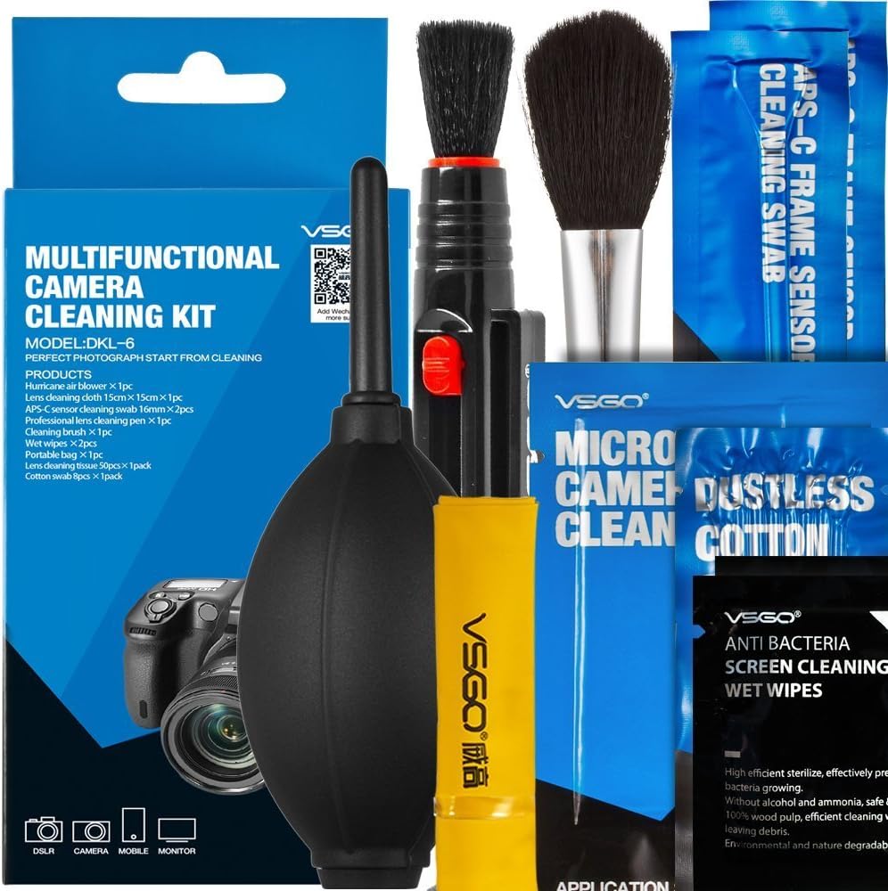 UES VSGO DKL-6 Camera Cleaning Kit Essential Package for DSLR and Sensitive Electronics: APS-C Sensor and Cotton Swab, Lens cleaning Pen, Lens Brush, Wet Wipes, Lens Cleaning paper, Microfiber Cloth, Air Blower