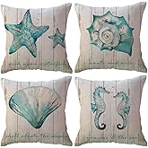 Summer Ocean Theme Throw Pillow Covers Wood Grain Starfish Hippocampus Seashells with Quotes Nautical & Coastal Decorative Pillowcases Beach House Decor Cushion Covers 18×18 Inch,Set of 4