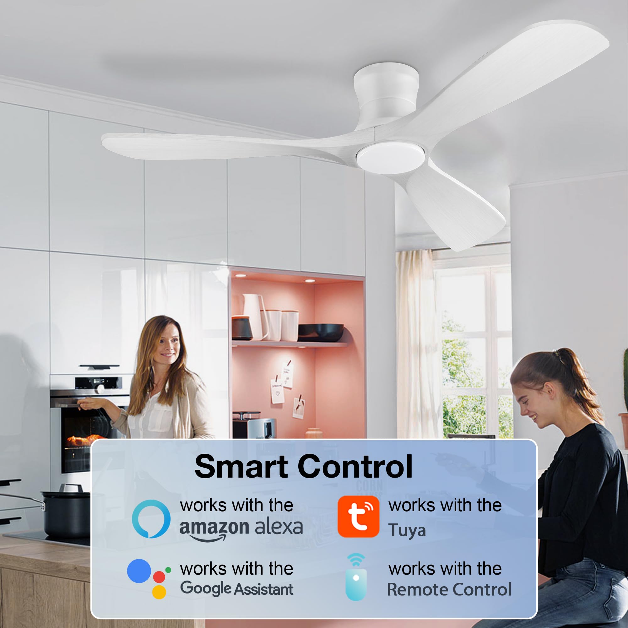 52in Smart Low Profile Ceiling Fans with Lights Remote,Quiet DC Motor,Outdoor Indoor Flush Mount Ceiling Fan,Control with WIFI Alexa App,Dimmable,6-speed,3 White Wood blades,for Modern Bedroom Patio