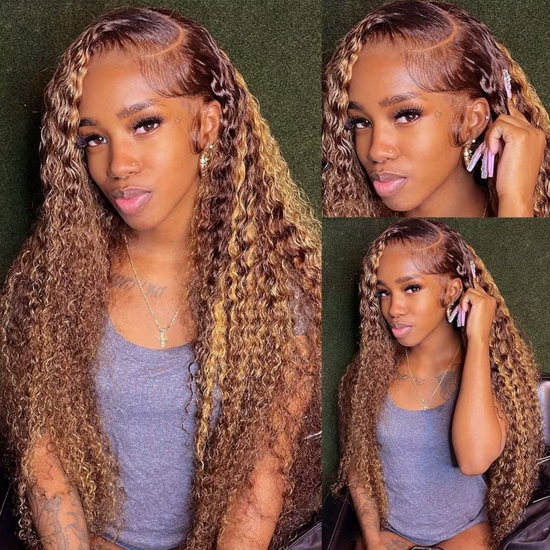 Photo 1 of Fabimiya Human Hair Wig 5x5 Highlight P4/30 Brown Water Wave Lace Front Wigs Human Hair Dark Brown Water Wave Human Hair Wig 200% Density