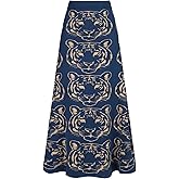 OXKnit Knittd Midi Skirts for Women, Mod Style Casual Retro Tiger Pattern High Waist A Line Cotton Blue Skirts