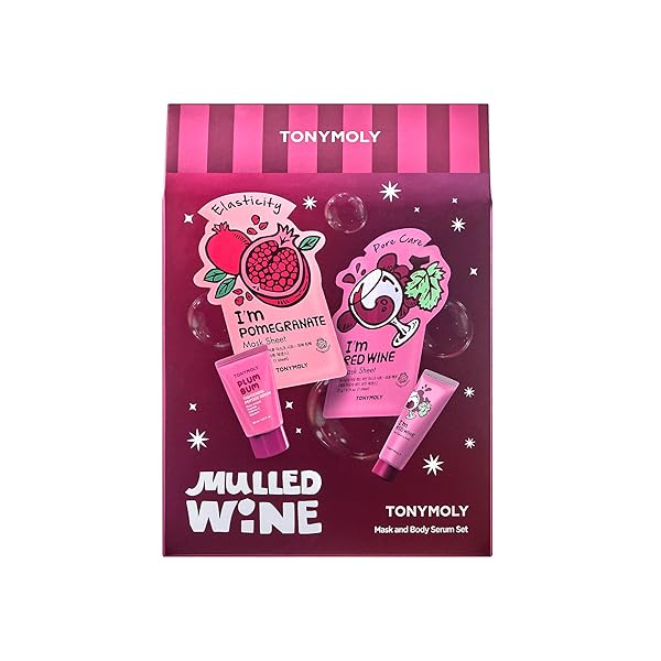 TONYMOLY MULLED WINE MASK & BODY SERUM SET – HOLIDAY SKINCARE GIFT, SECRET SANTA GIFT, OR WHITE ELEPHANT EXCHANGE IDEA, 4-PIECE HYDRATING & PORE REFINING SET
