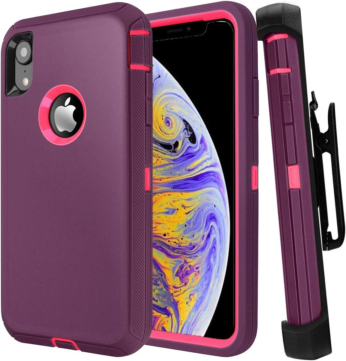 Casa iPhone Xr 6.1'' Shockproof Case, Touch 3 in 1 Heavy Duty Holster Case Belt Clip + Armor Protective Kickstand Cover for Apple iPhone Xr 6.1'' 2018 (Dark Red+Pink)