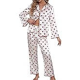 MBZJSDKHLK Women Valentine's Day Pajama Set Satin Long Sleeve Lapel Button Up Shirt Tops Heart Print Pants 2Pc Sets Sleepwear