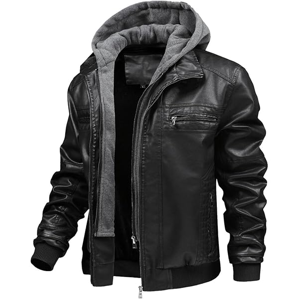 HOOD CREW Men's Warm PU Faux Leather Zip-Up Motorcycle Bomber