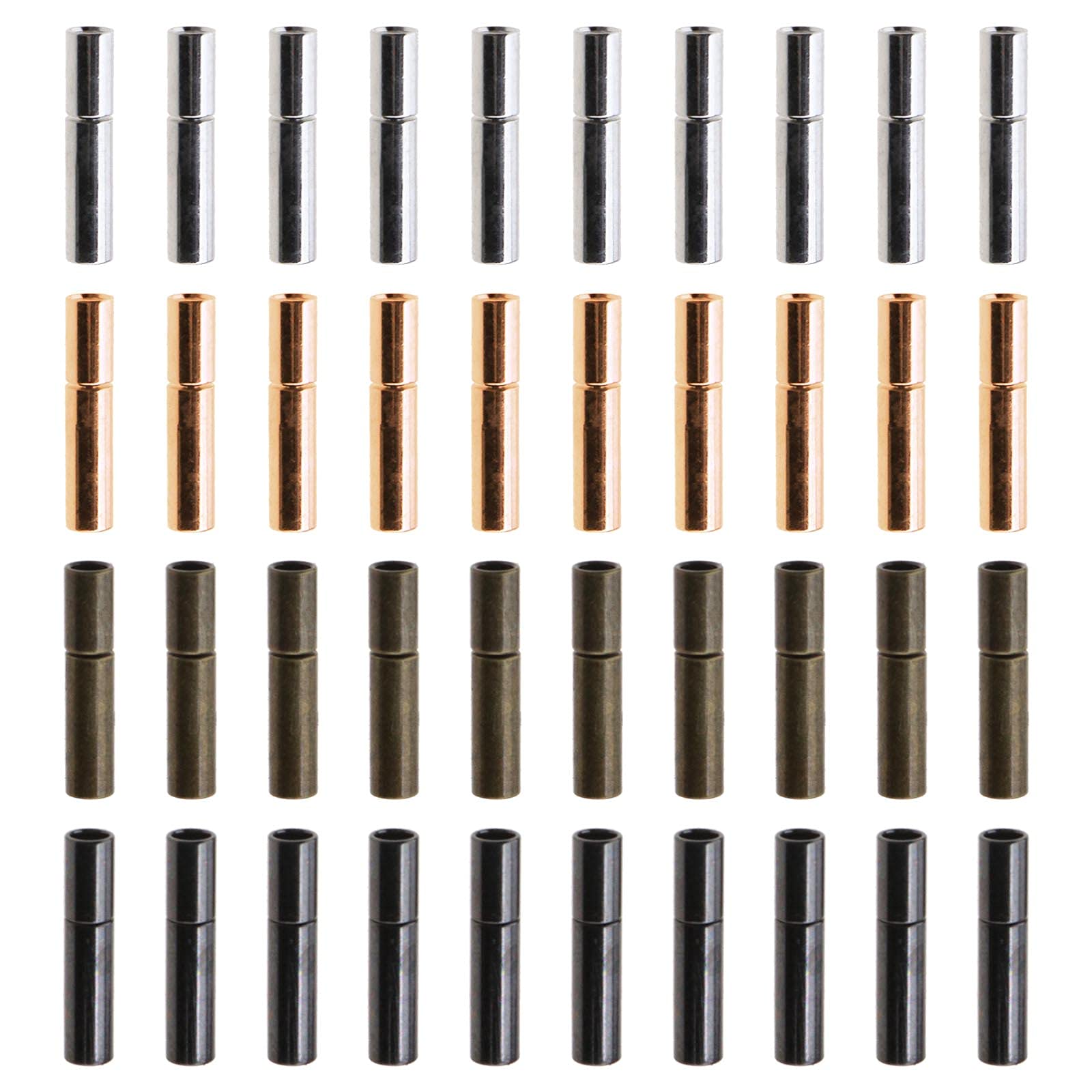 ECSiNG 40pcs Cord End Caps 2mm Push Tube Clasps Bracelet End Clasp Jewelry Making Finding for Bracelet Necklace Black Gun Rose Gold Bronze Silver