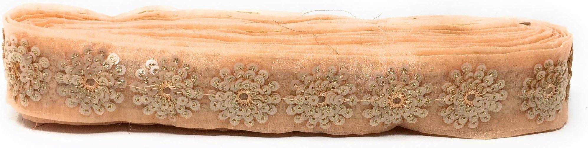 Inhika 9 Meters Lace and Border Material, Peach, Gold Embroidered, Sequins, Organza Fabric (1.3 inches Wide, Peach)