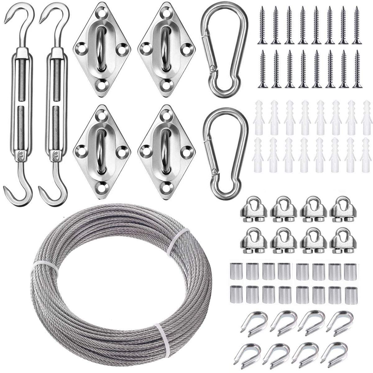 TooTaci 3mm Wire Rope Kit, Sun Sail Fixing Kit, 15M/3mm T316 Stainless Steel Cable with M6 Turnbuckle Wire Tensioner Kit, 7×7 Strands Guide Wire Hevy Duty for Strings Lights Hanging, Fence,Garden