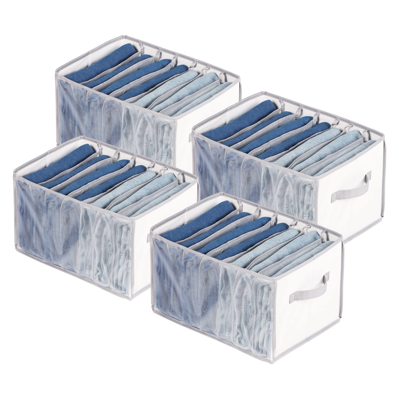 Univivi Extra Large Clothes Storage Organiser, Portable Wardrobe Organiser for Jeans, Trousers, Sweaters, T-Shirts, Jumpers, Underwear - Upgraded 7 Grid Mesh - Set of 4