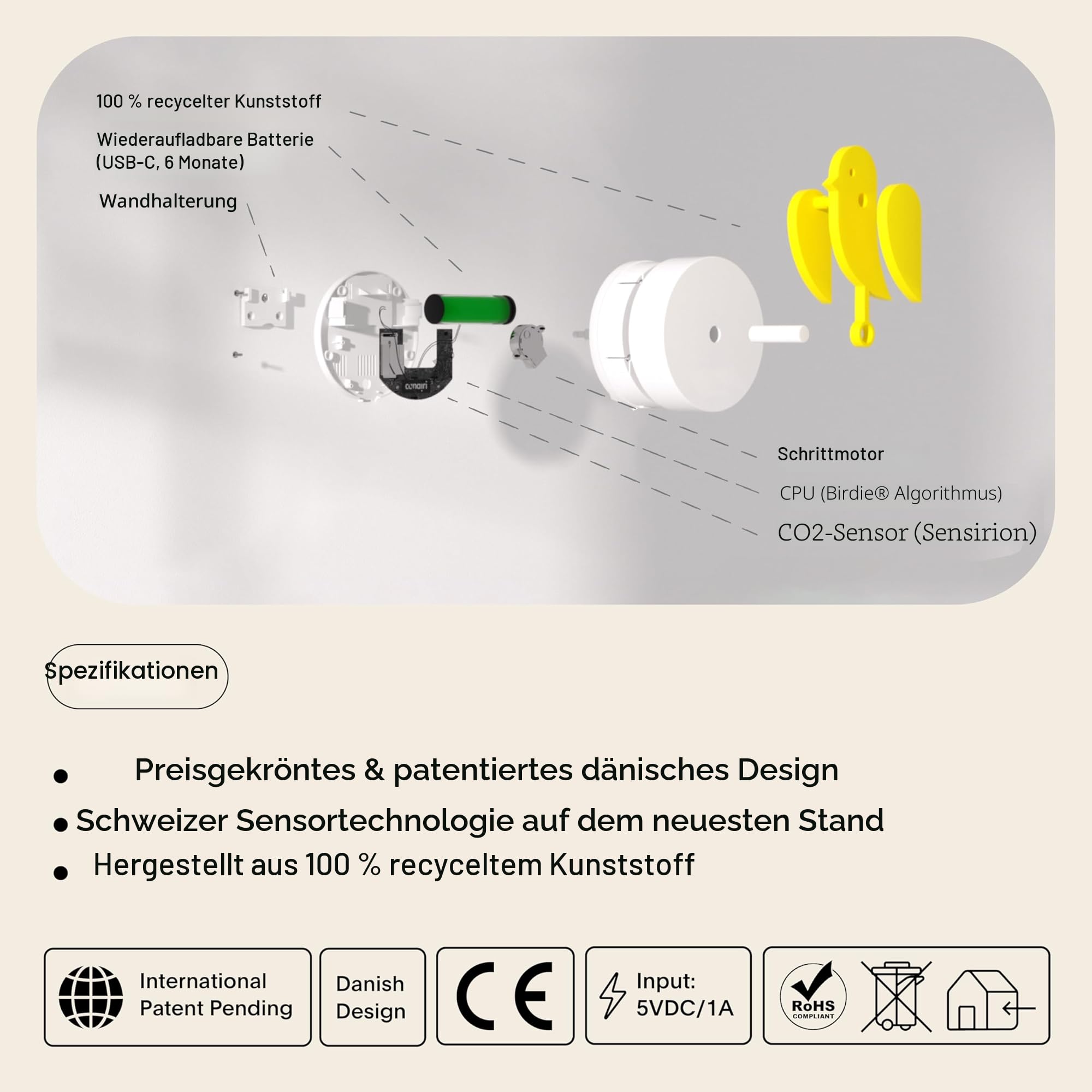 Birdie 2.0 - Design CO2-Monitor & Luftqualitätssensor - Air Monitor/Fresh Air Monitor für Zuhause und Büro - fördert geistige & körperliche Gesundheit - Wandmontage (Yellow) 6