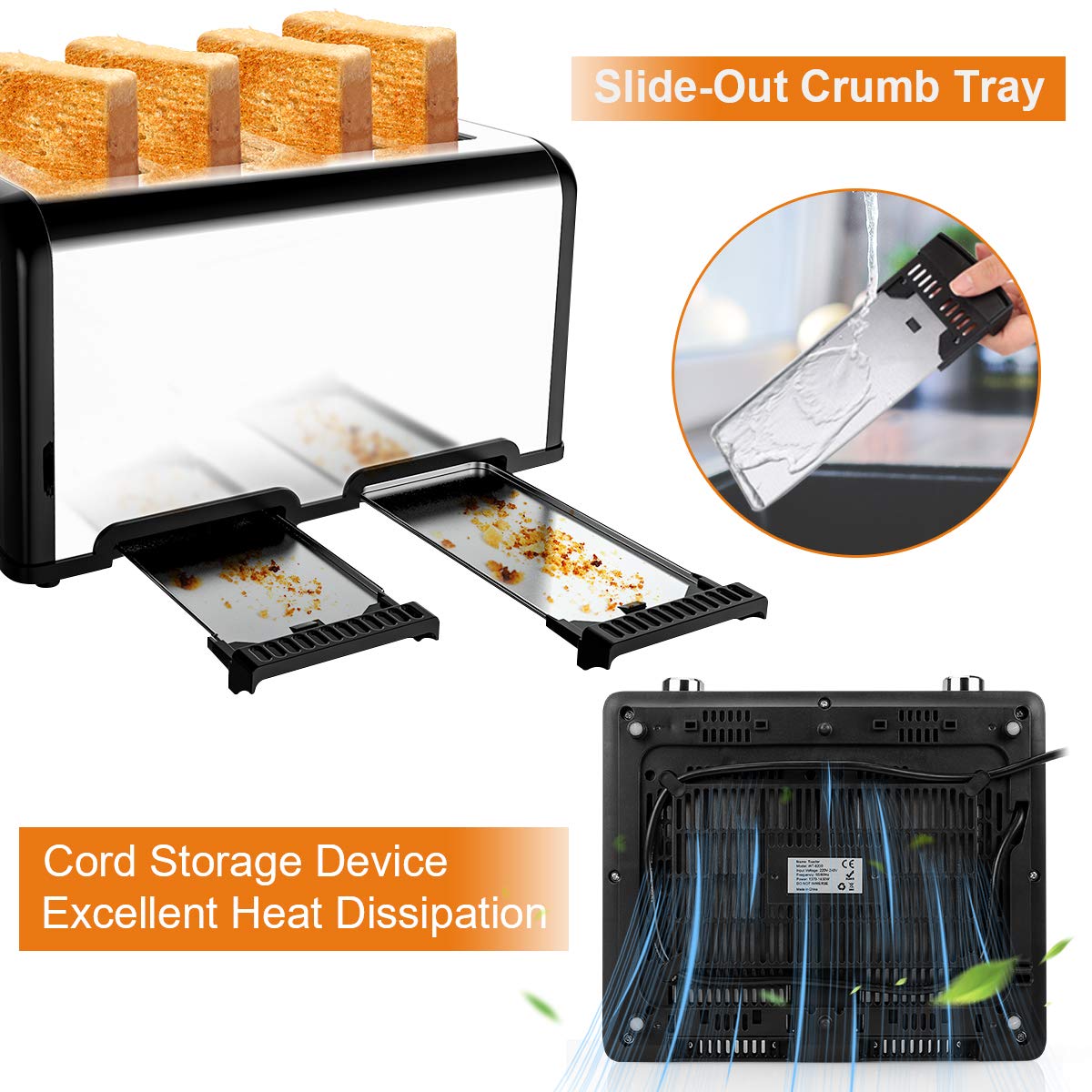 Morpilot Toaster edelstahl mit 4 scheiben 1600 Watt, 6 Bräunungsstufen und 3 Kochfunktionen