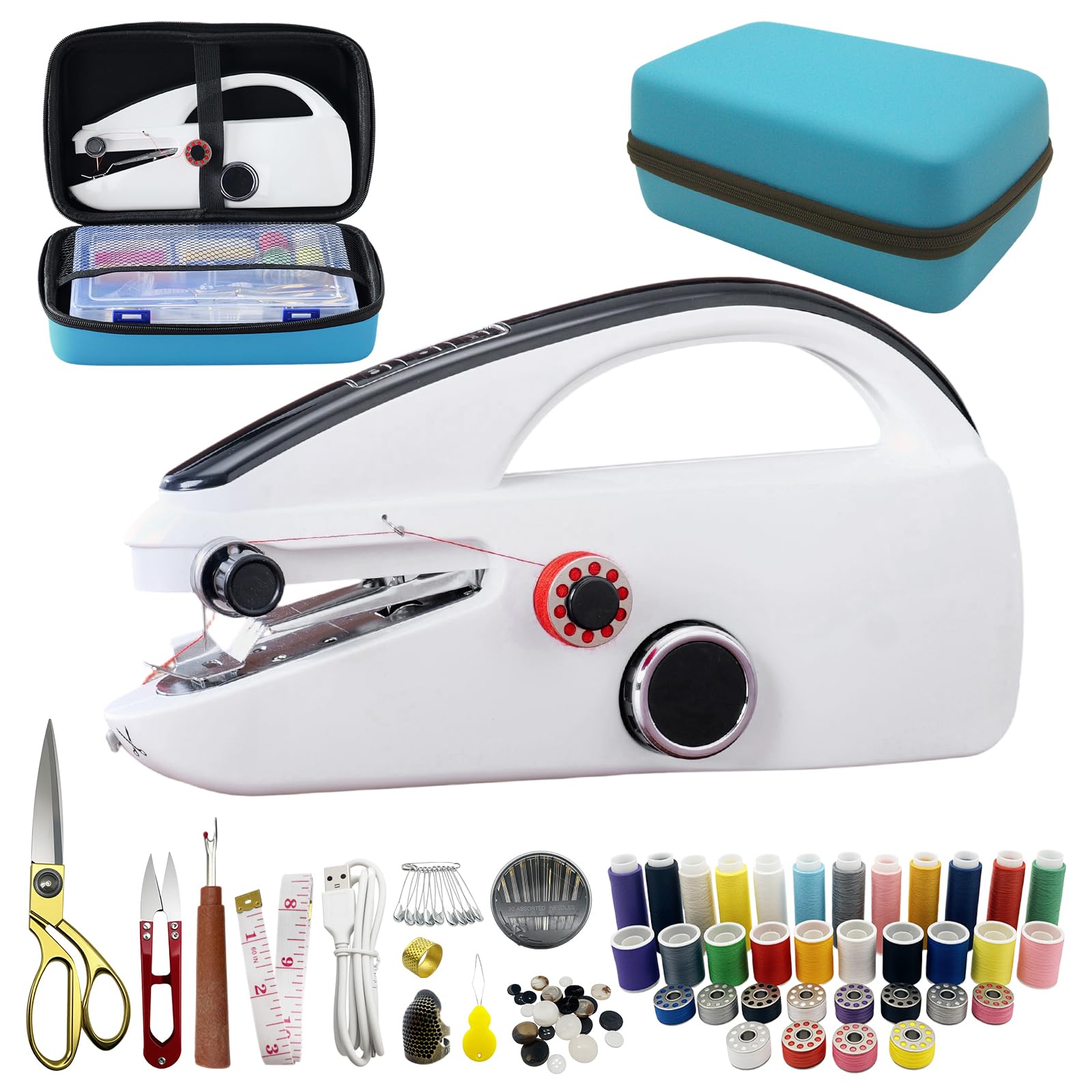 Photo 1 of Handheld Sewing Machine Heavy Duty, with Blue Leather Storage Case and 110-Piece Sewing Kit, Mini Portable, Ideal for Adults & Beginners, Complete Set of Quick Home Clothing Repair Tools, Good Gift