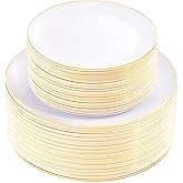 KIRE 100PCS Disposable Plates - White with Gold Rim for Christmas Party/Wedding - Includes 50Pieces 10.25inch Dinner and 50Pieces 7.5inch Dessert/Salad Plates