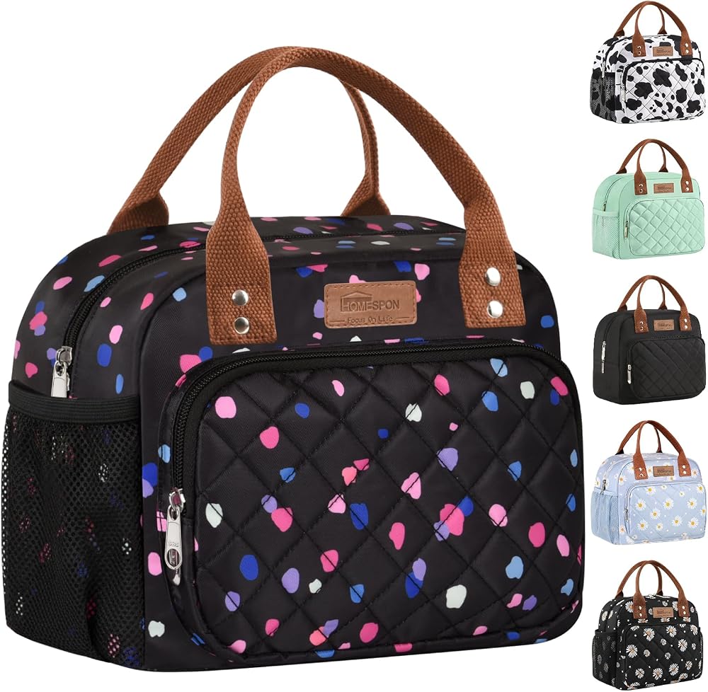 HOMESPON Insulated Lunch Bag for Women Men Colorful Dots 27x21x15 cm