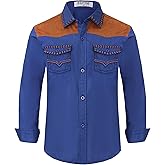 EDFTM Boy's Western Cowboy Shirt Embroidered Long Sleeve Regular Fit Casual Cotton Button Down Hippie Shirts with Pockets