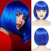 YBYMCAI Blue Bob Wig With Bangs Short Blue Wigs For Women Straight Bob Bangs Wig 10 Inch Heat Resistant Synthetic Hair Natural Looking For Daily Party Use