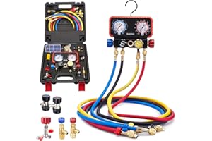 Rogvoc AC Gauges, AC Manifold Gauge Set for R22/R410a/R134a Refrigerant, 4 Way HVAC Refrigerant Gauges Set with R22 R410a Safety Valves, 5FT Hoses, R134a Adapters, Can Tap, Red