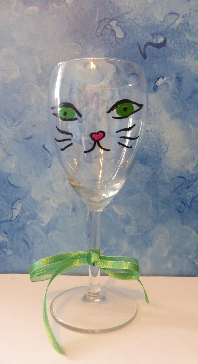 Hand Painted Cat Kitten Face Wine Glass Green Handmade