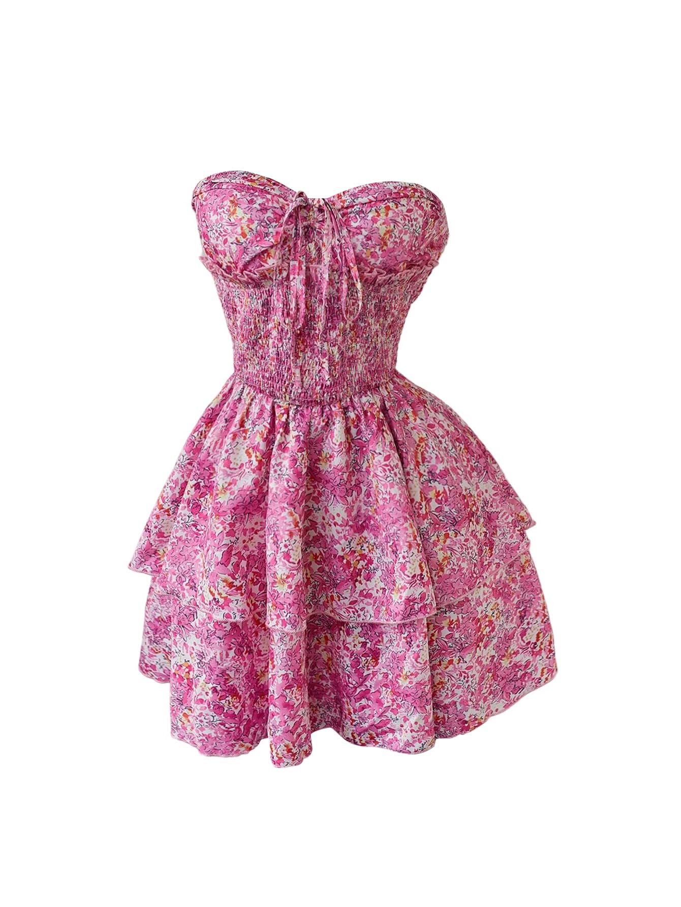 Photo 1 of *SMALL SIZE WOMEN SIZE* Floerns Women's Summer Boho Strapless Tube Floral Dress Tie Knot Shirred Bust Layered Ruffle Hem Smocked Vacation Dresses Pink Multi