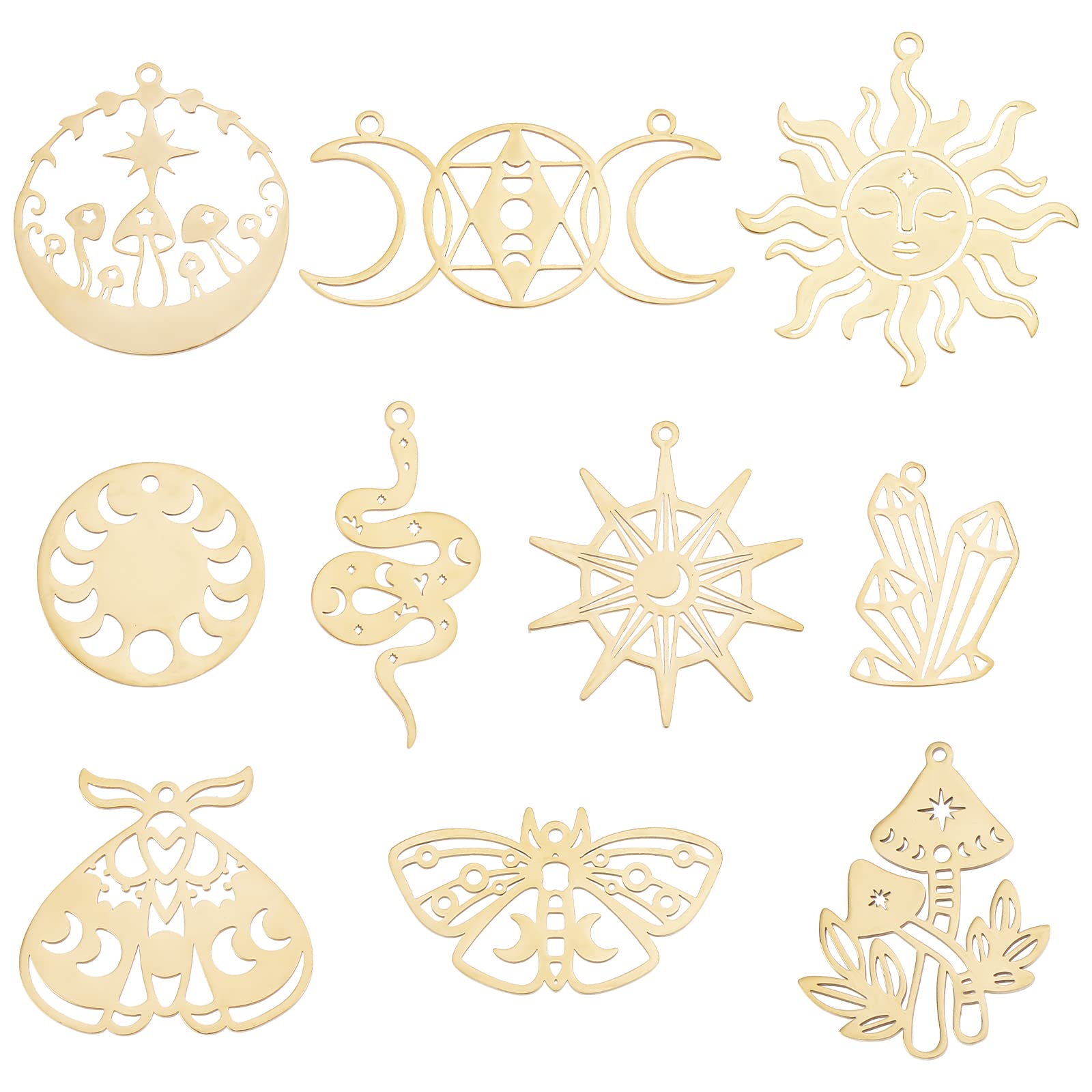 SUNNYCLUE 1 Box 20Pcs Real 18K Gold Plated Tarot Style Sun Charms Triple Goddess Moon Charm Mushroom Moon Phase Hollow Resin Frame Crystal Stone Butterfly Charms for jewellery Making Charm DIY Craft — image 1