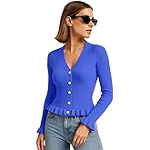 Cromiyumel Women's Ruffled Trim Ribbed Knit Cardigan – V-Neck Pearl Button Long Sleeve Slim Fit Sweater Top