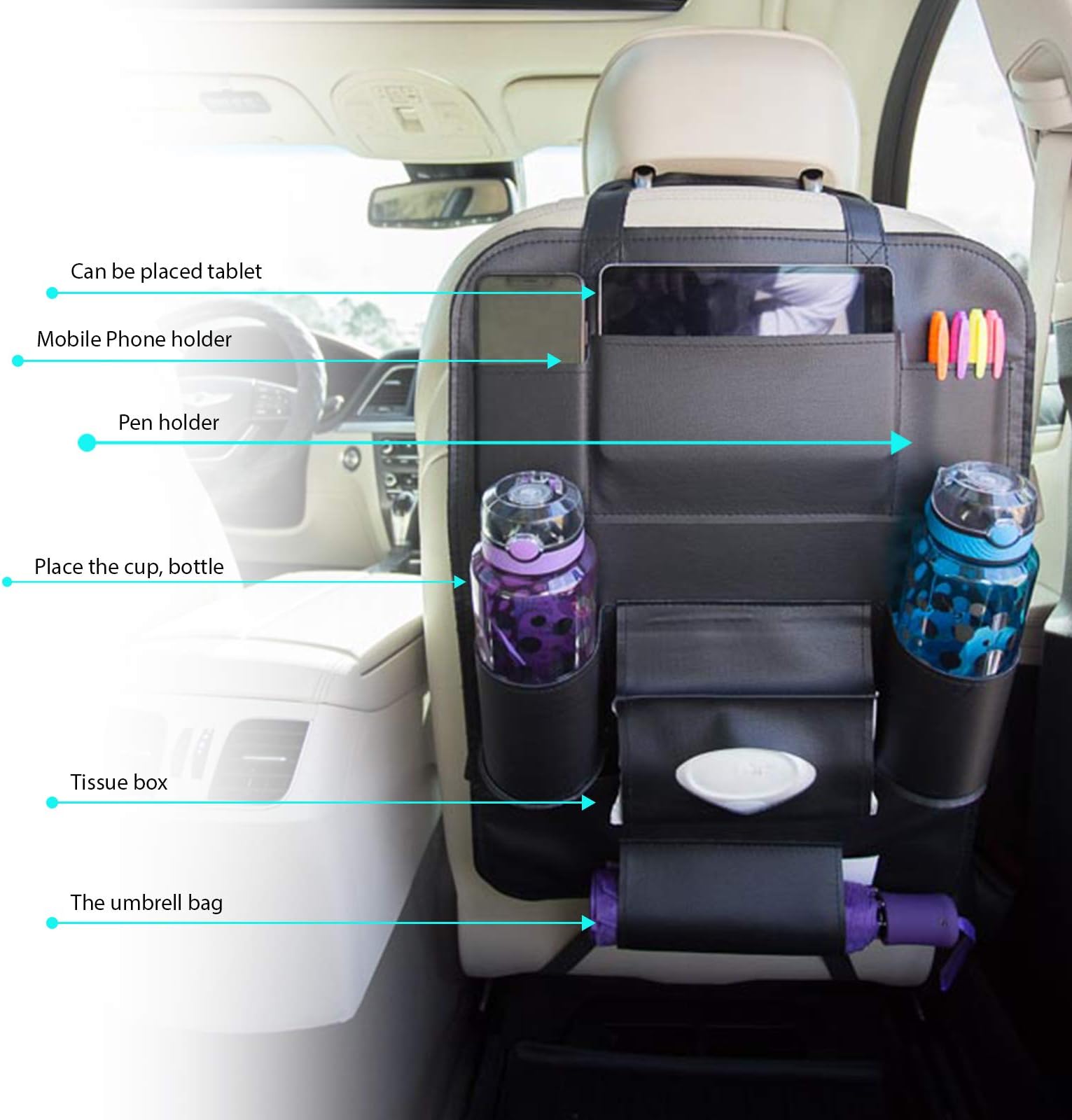 Back Seat Protector Cover, Car Storage Organizer - 1 Pack of Kids Kick Mats - Leather Accessories for SUV, Van, Truck, Minivan, Compact and Sedan