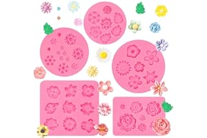 Muyulin Mini Flowers Fondant Molds Silicone, 5 Packs Rose Plumeria Orchid Chrysanthemum Chocolate Molds for Birthday Cake Dec