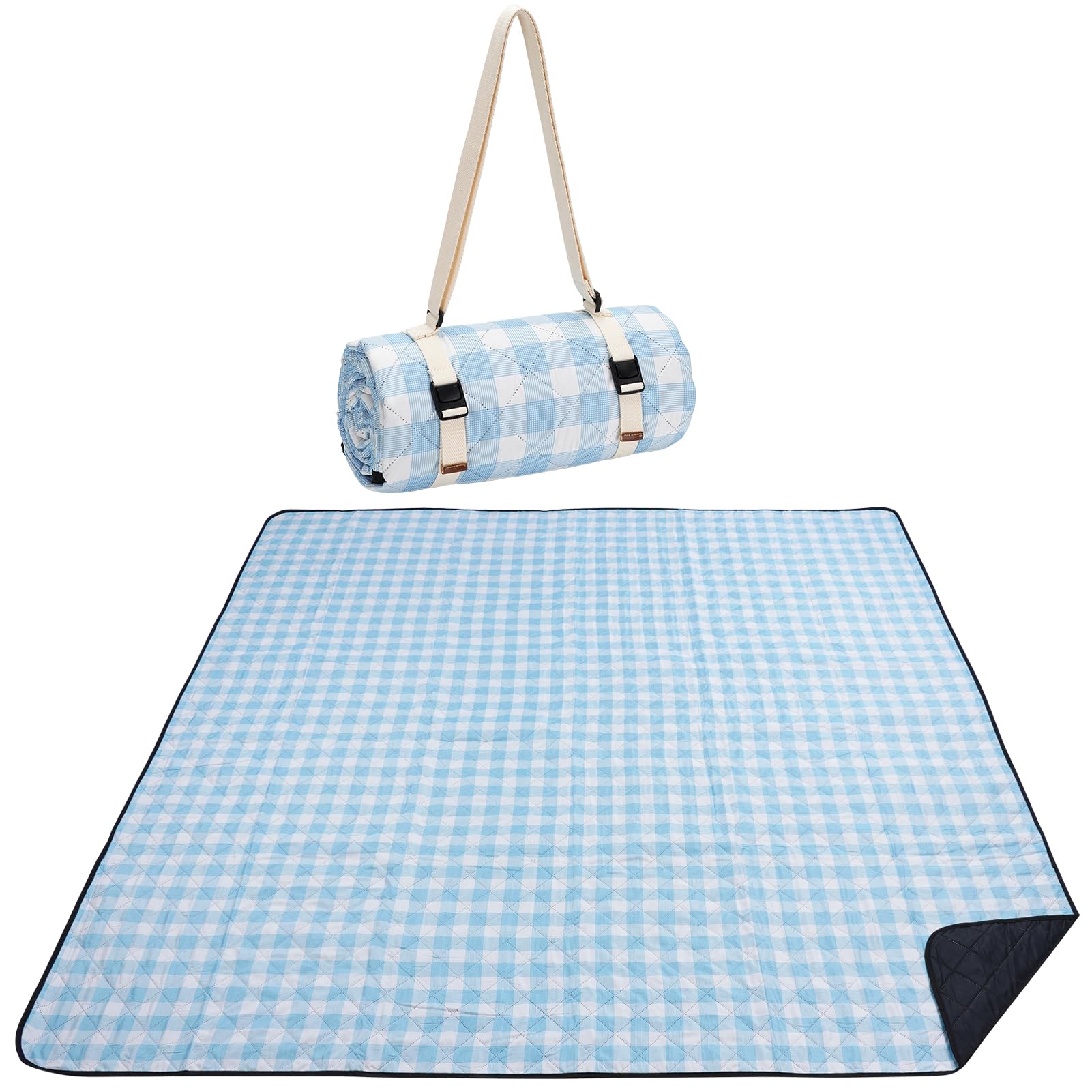 Photo 1 of WILLOW WEAVE Picnic Blanket, 80''x80'' Waterproof Outdoor Blankets, Picnic Mat Washable for Beach, Picnic Blankets for Camping on Grass with Shoulder Strap - Blue & White