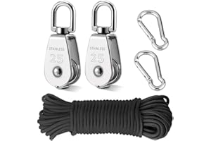 2pcs M25 Crane Pulley Block, 304 Stainless Steel Swivel Hook Single Pulley Block with 20M(6mm) Nylon Pulley Line Rope & 2pcs 