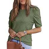 Dokotoo Women's Short Puff Sleeve Knit Tops 2025 Round Neck Hollow Out Tops Cozy Sweaters for Women