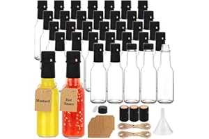 GUANENA 35 Pack 3oz Hot Sauce Bottles, Clear Glass Woozy Bottles with Leak Proof Black Screw Caps, Dripper Inserts and Shrink