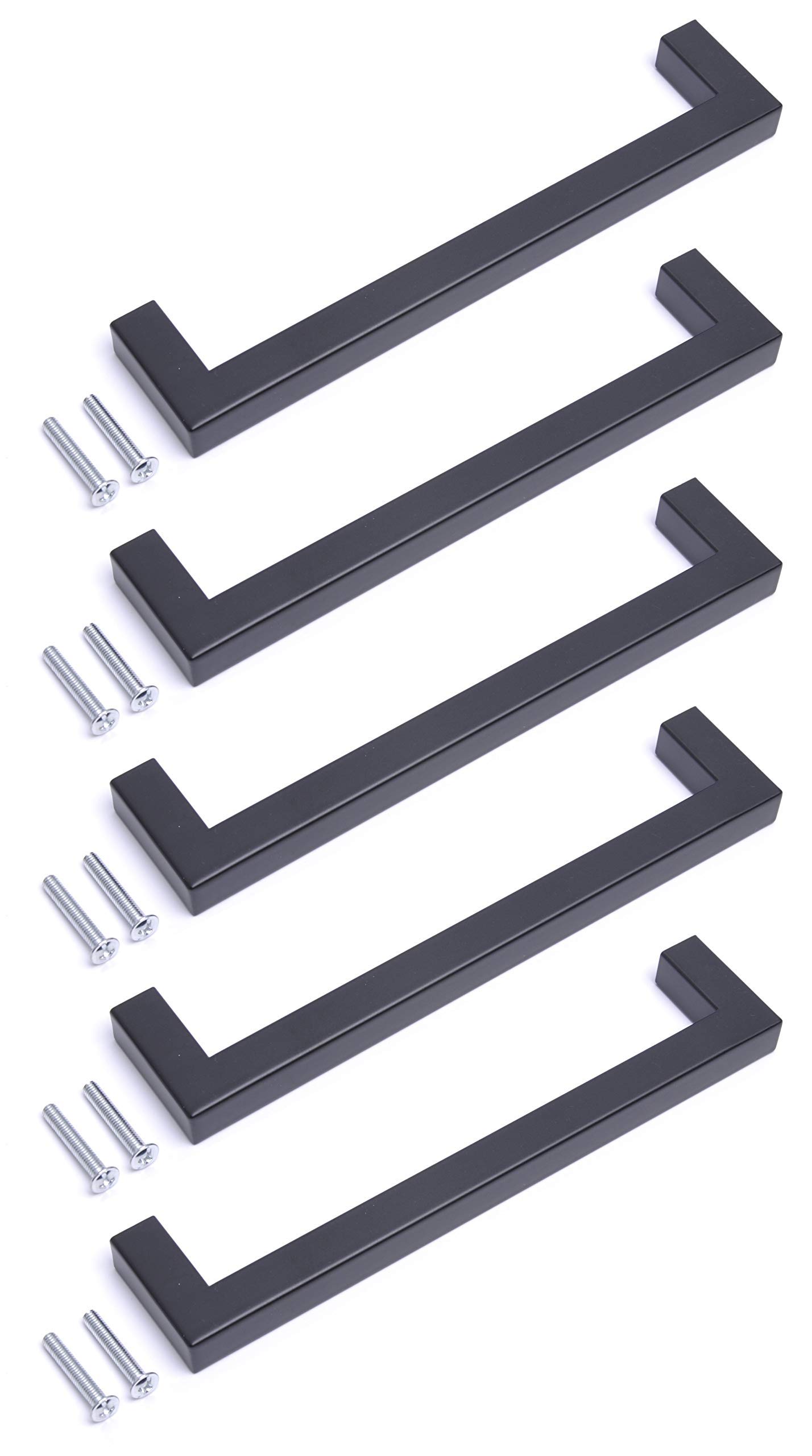 BSM Marketing 5 Pack Kitchen Door Handles 192mm Hole Centre Flat Black Cabinet Handles Stainless Steel Square Cupboard T Bar Handle (Screws Included)